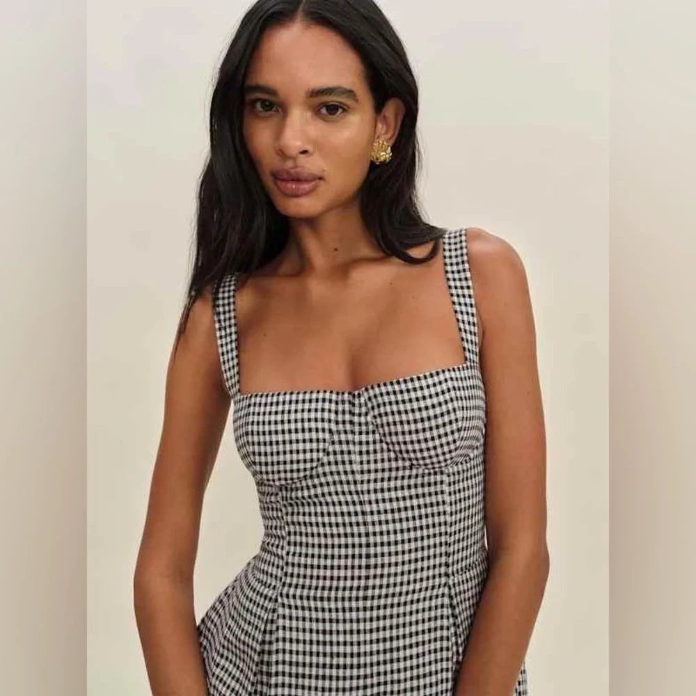 NWT Reformation Lydia Linen Gingham Bubble Hem Romper Remy Check Black White